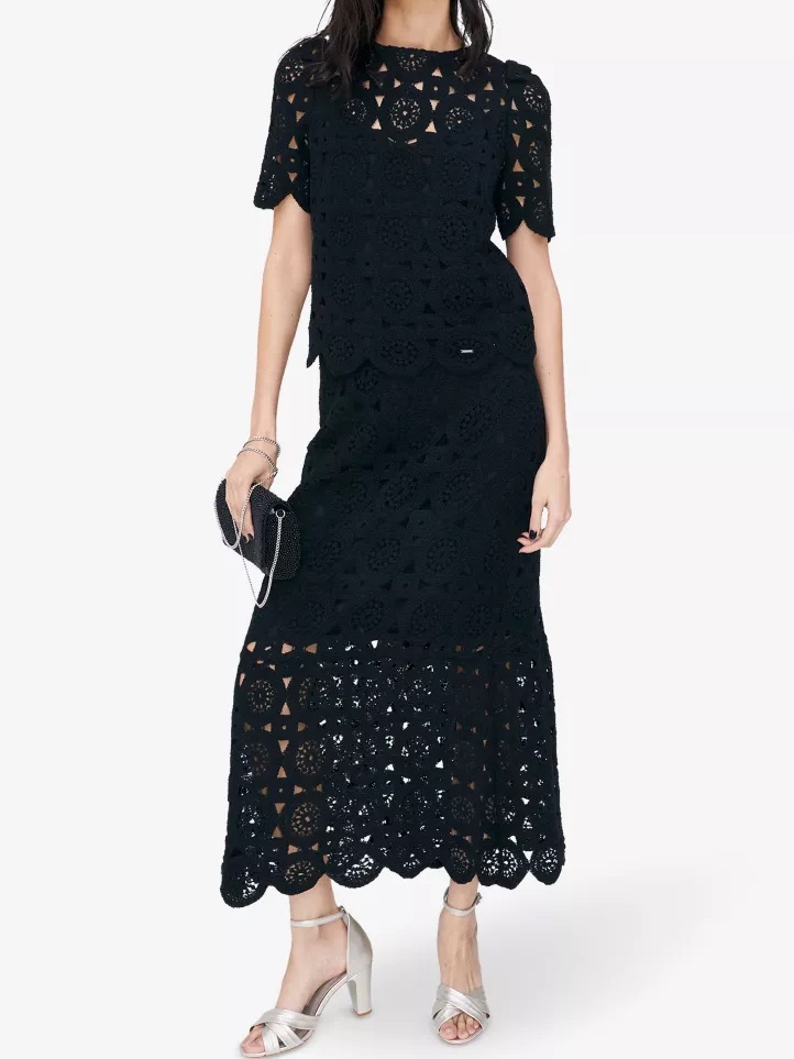 Ikks Women Black Crochet Cotton Two-Piece Top & Maxi Skirt Set Boho Chic Indie
